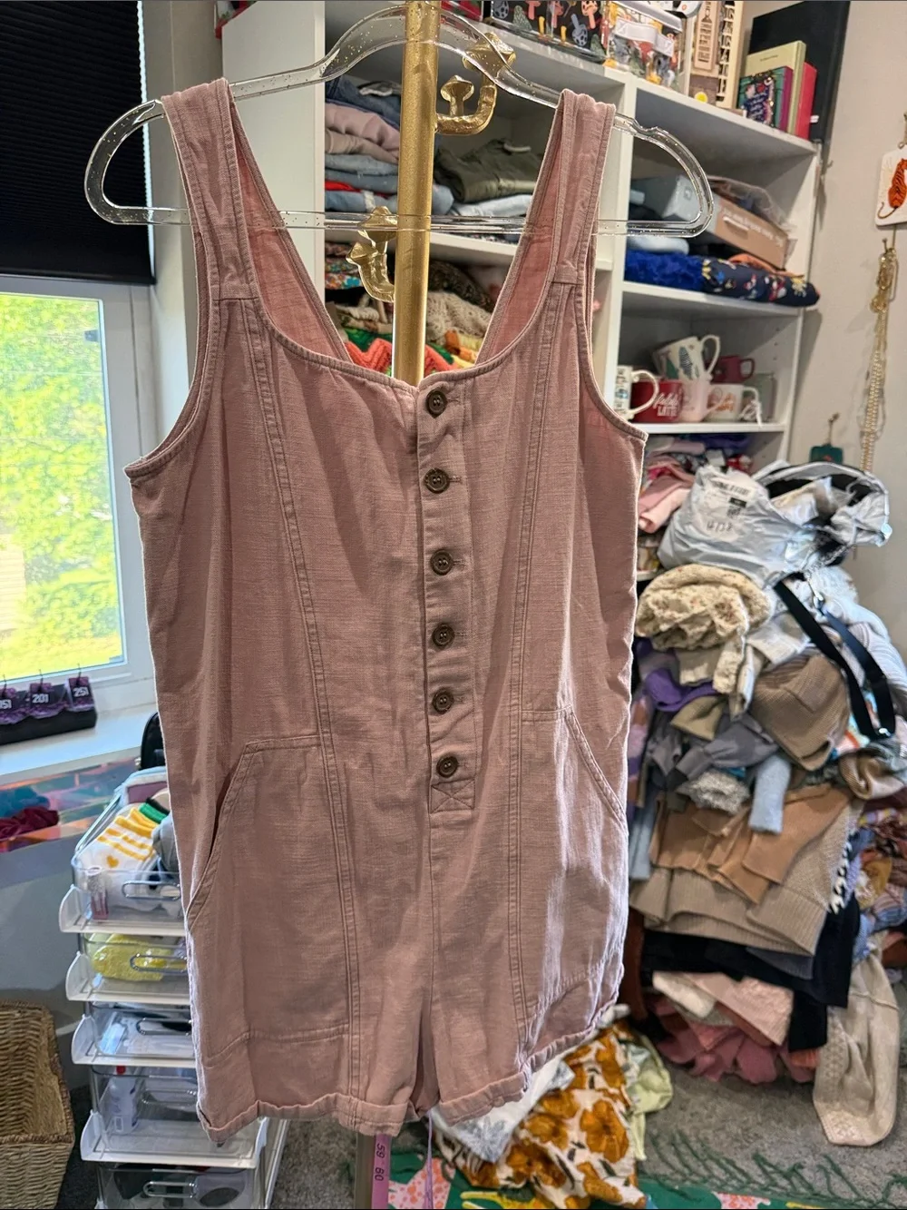 Maya Cotton Twill Button Romper in Dusty Pink pockets small